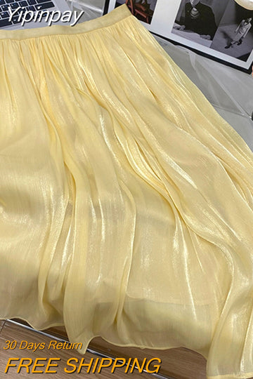 Yipinpay 2023 New Stylish Chiffon Pleated Skirt Women Solid Color Elegant Luxury Princess Fairy Midi Skirts Ladies Gentle Jupes